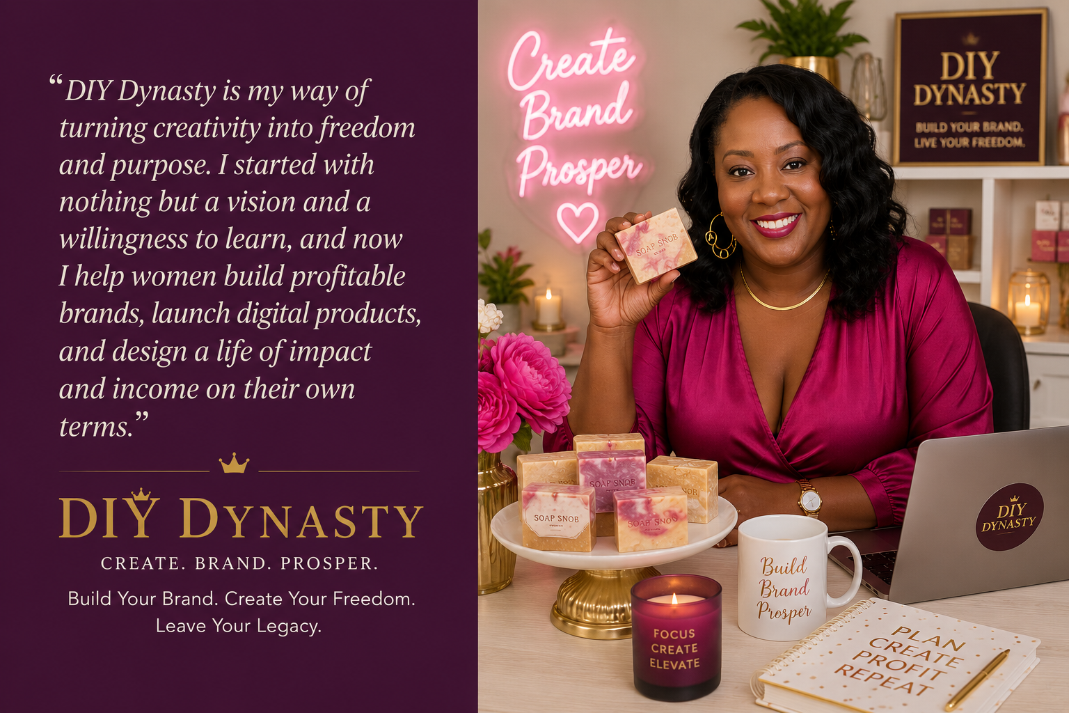DIY Dynasty brand statement: Create. Brand. Prosper. — Monica Dickerson holding a Soap Snob bar in her studio