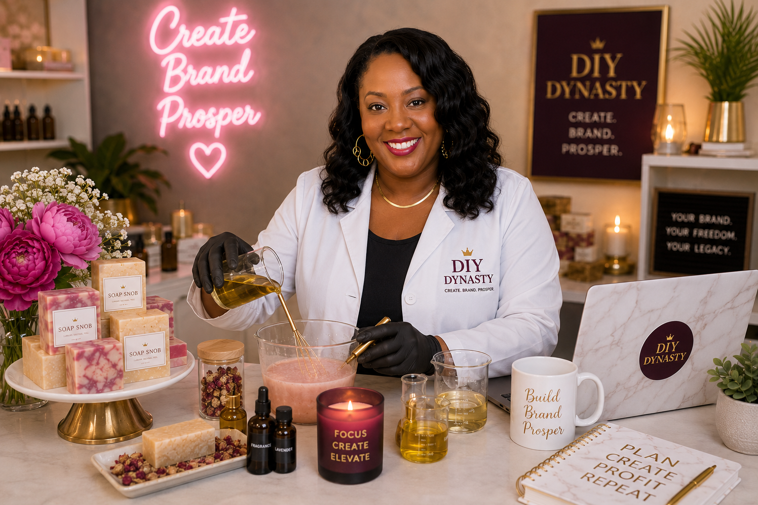 Monica Dickerson in a DIY Dynasty lab coat pouring oils while formulating Soap Snob products
