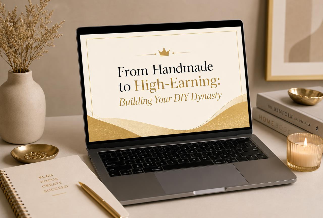 Laptop showing the webinar slide: From Handmade to High-Earning, Building Your DIY Dynasty